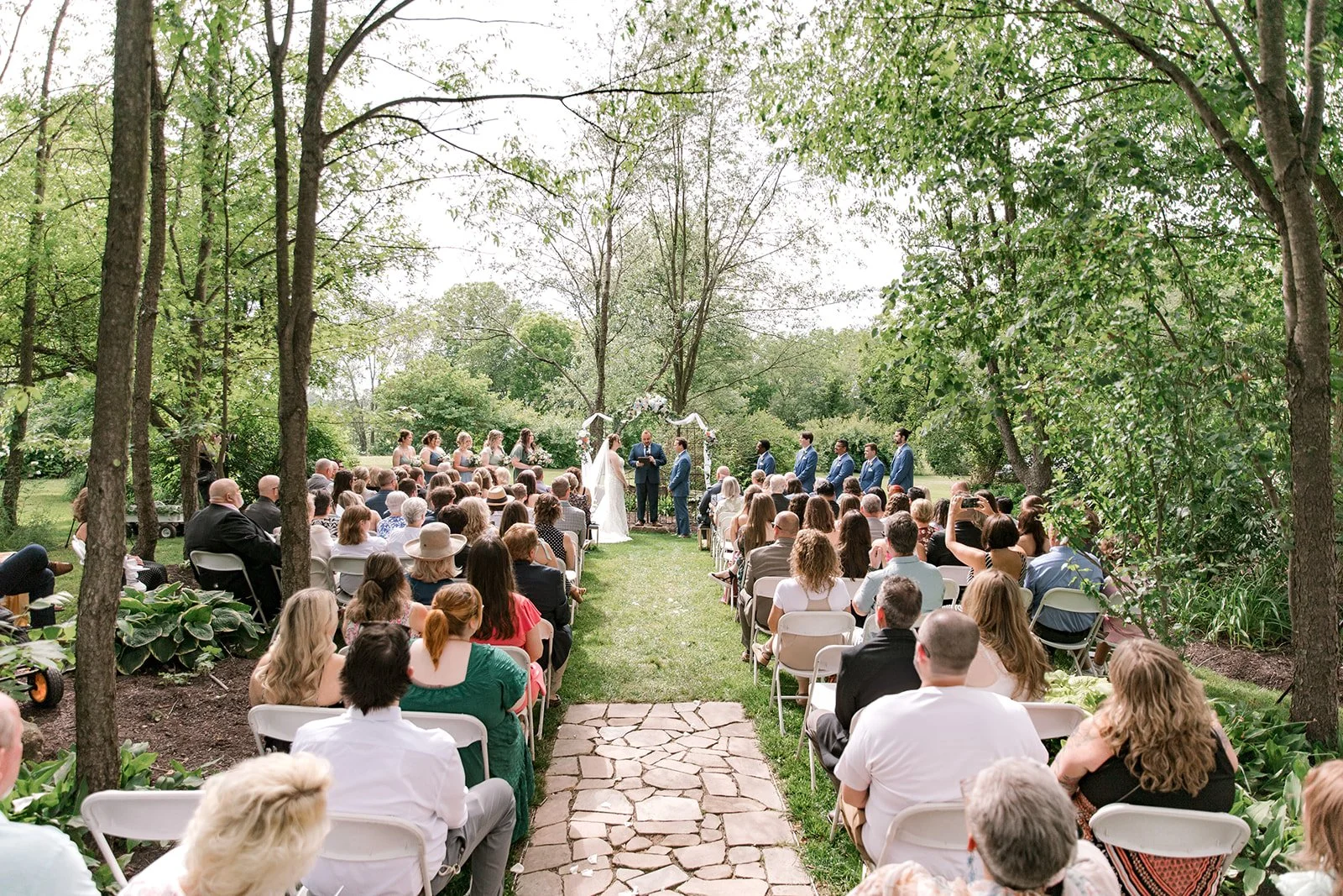 Outdoor wedding ceremony with a bride and groom standing under an arch surrounded by bridesmaids and groomsmen, guests seated on either side, in a lush green garden setting.
