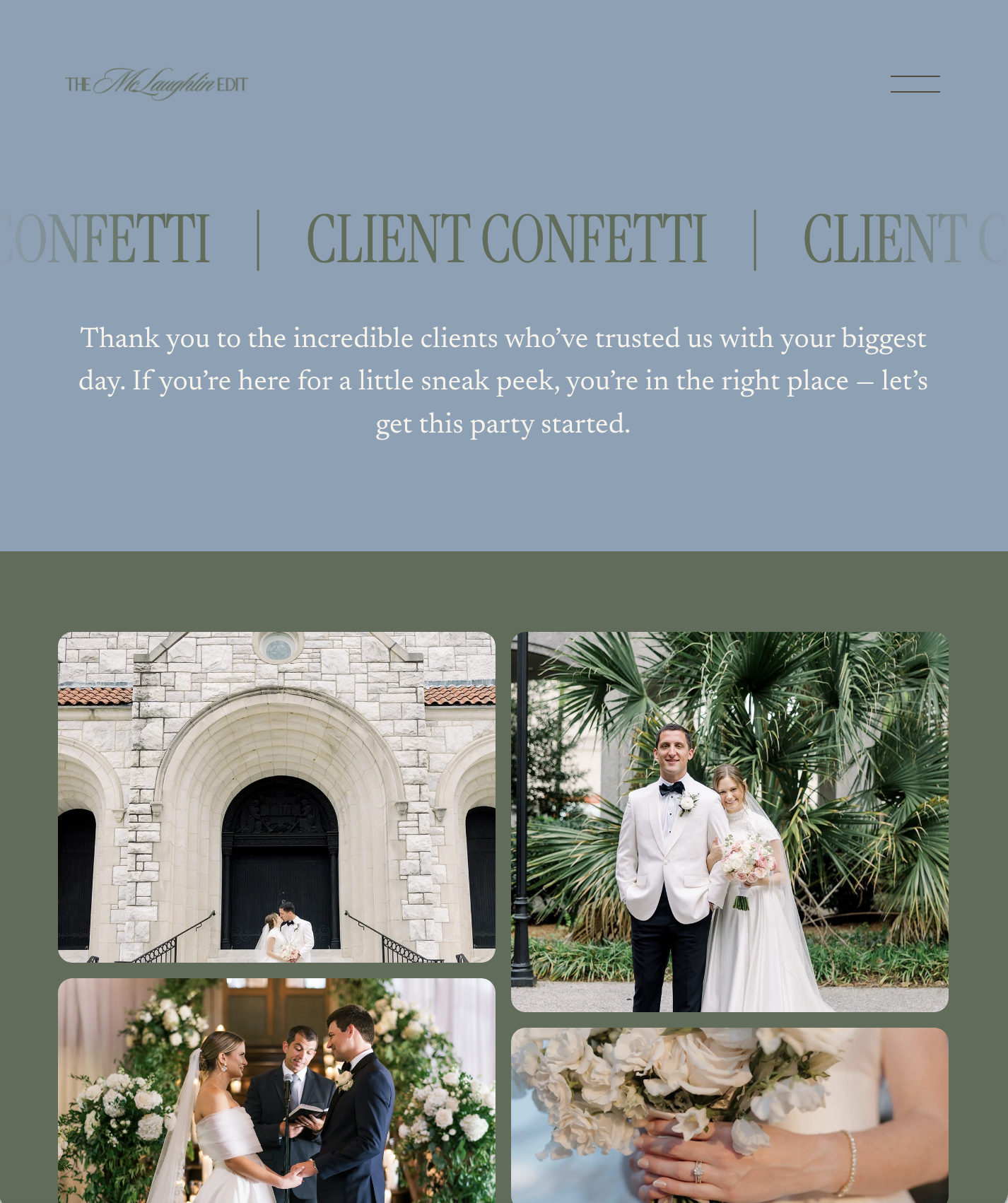 Collage of wedding photos showing a bride and groom at a church entrance, a couple posing with greenery, the couple exchanging vows, and a close-up of a bride holding a bouquet of flowers.