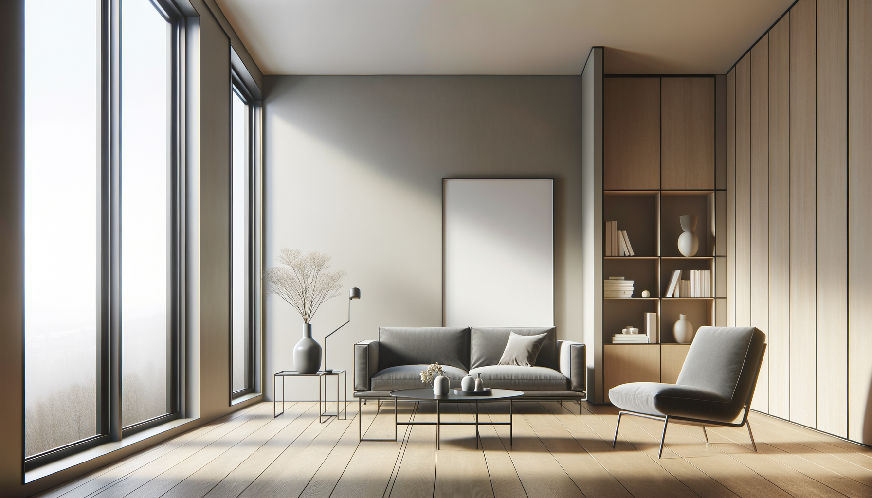 Modern living room with large windows, light wood flooring, a gray sofa, a gray armchair, a black side table with decorative vases, built-in wooden shelves with books and vases, and a minimalist design.