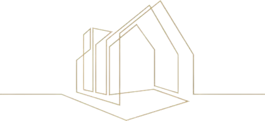 Outline drawing of a row of modern houses with pitched roofs