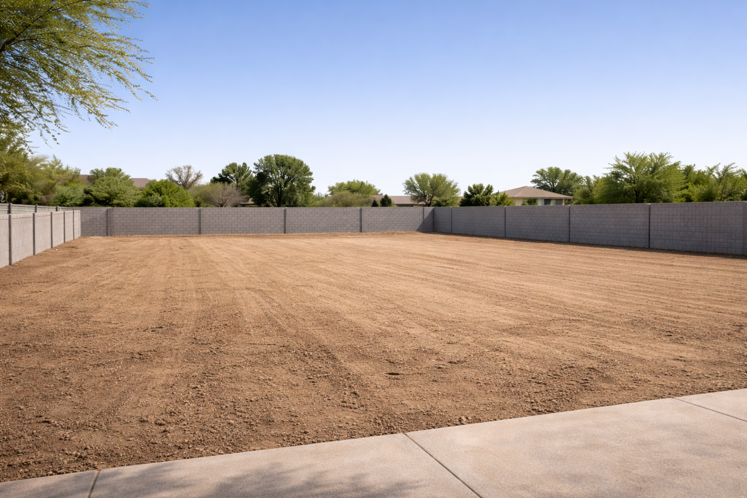 Empty backyard with dirt ground and gray brick privacy wall, trees and houses in the background, clear blue sky.