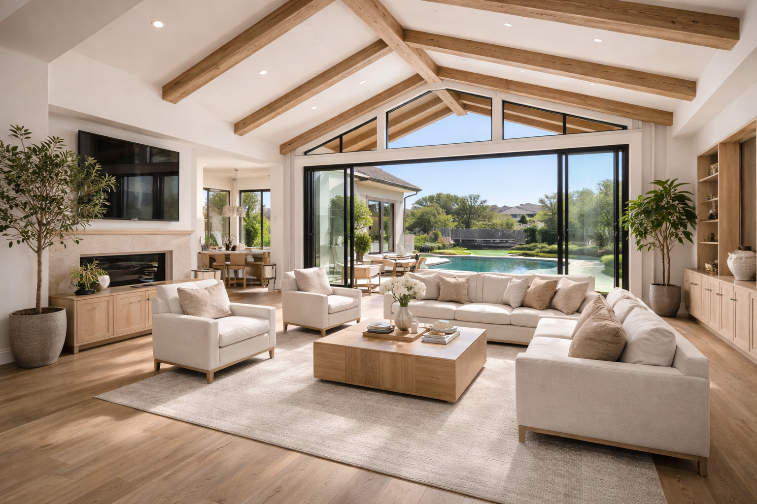 Bright living room with large glass doors overlooking a backyard with pool and greenery, white couches, wooden coffee table, and indoor plants.
