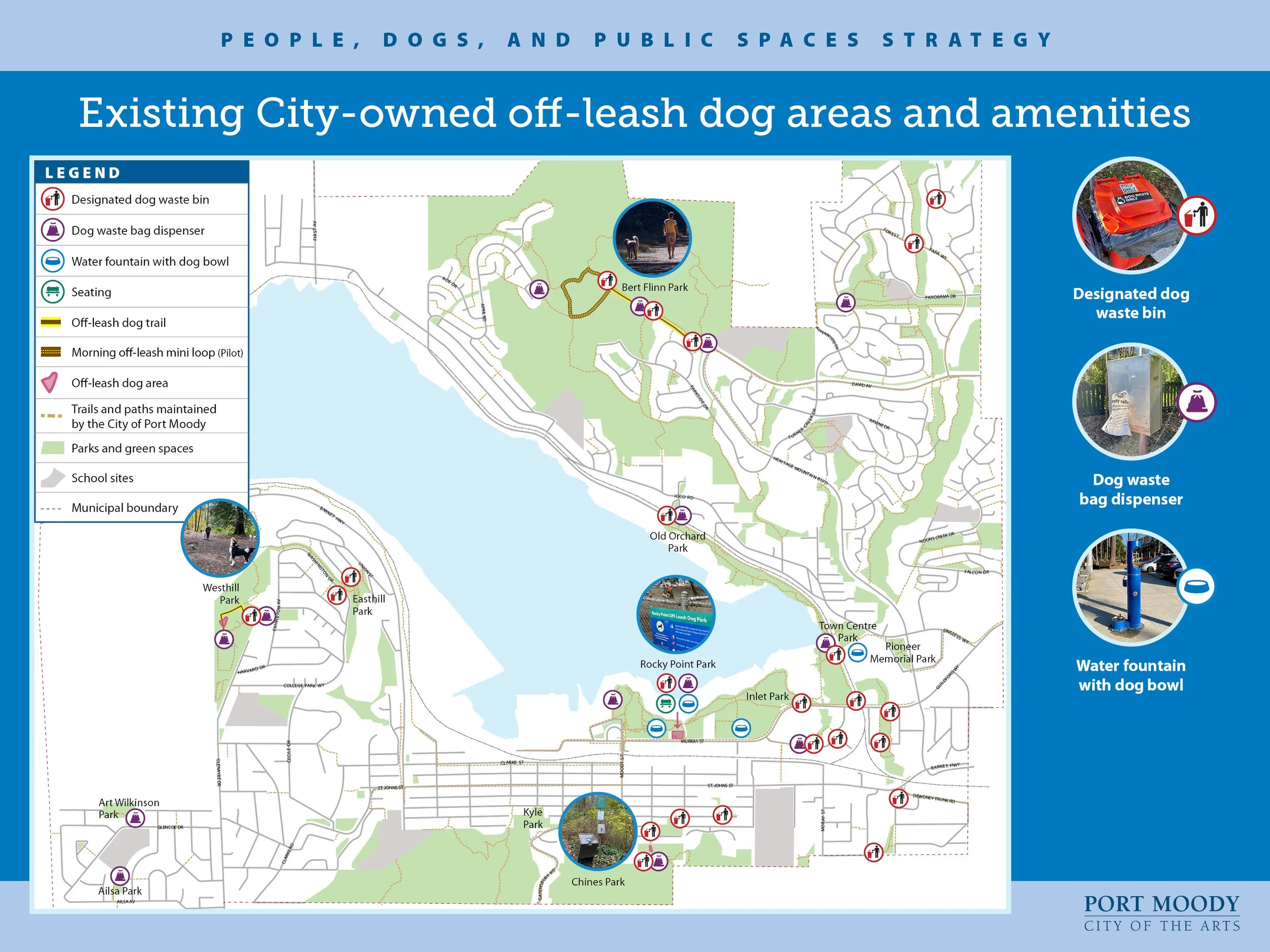 A map of Port Moody highlighting the existing City-owned off-leash dog areas and amenities.
