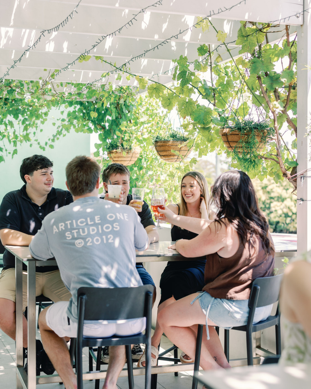 Group of five young people sitting around a table on an outdoor patio, raising drinks in a toast, with sunlight and hanging plants overhead.