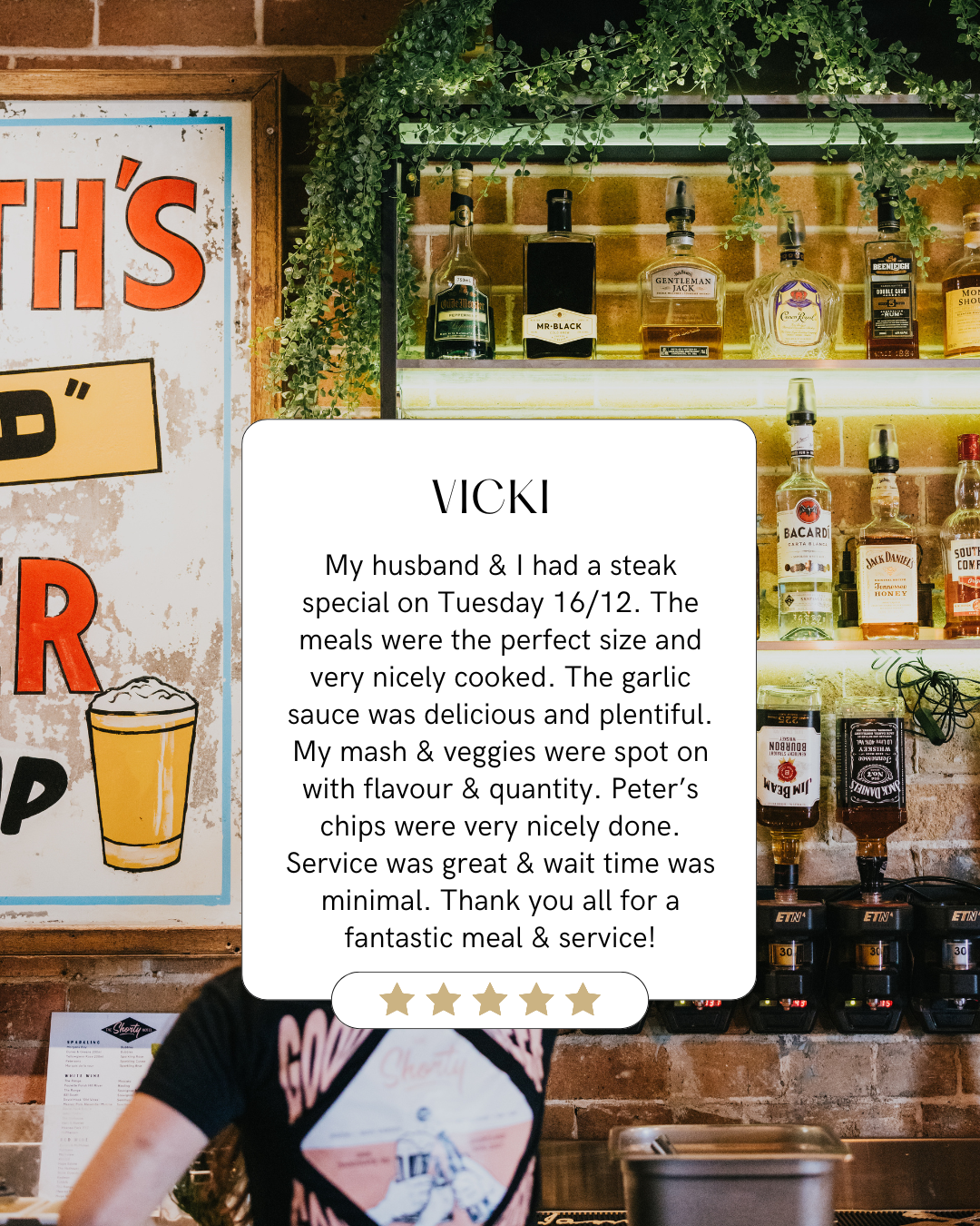 Customer review card about a dining experience at a restaurant, featuring a bar with liquor bottles on shelves and a brick wall background.