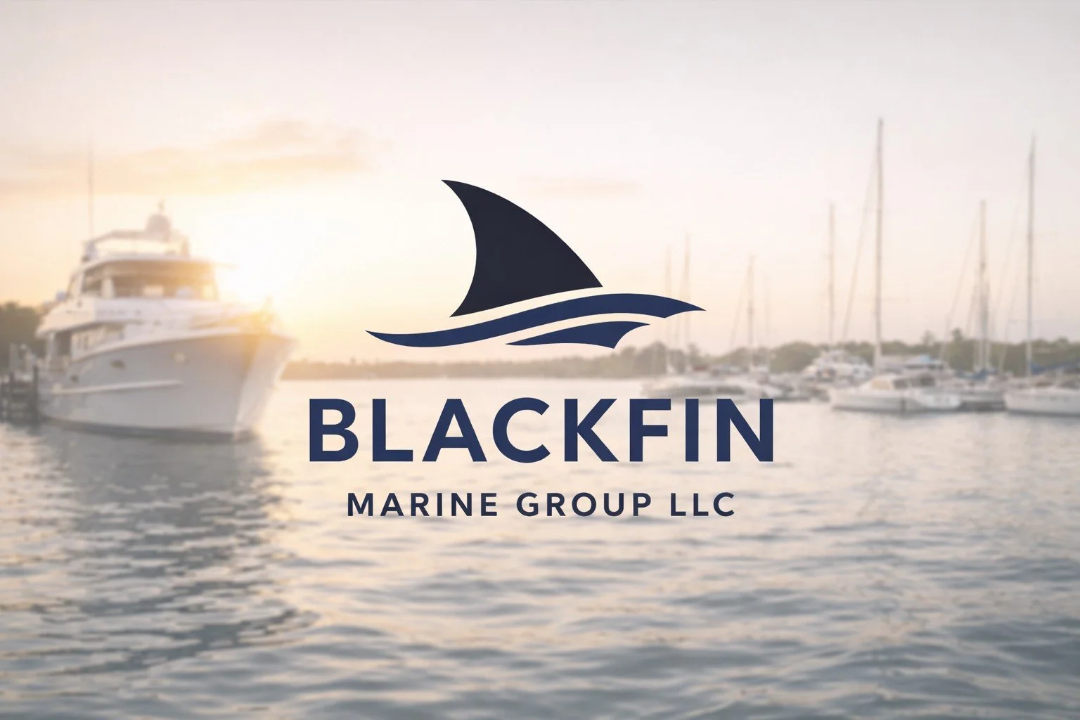 Logo of Blackfin Marine Group LLC with a stylized sailboat, overlaid on a blurred background of boats in a marina at sunset.