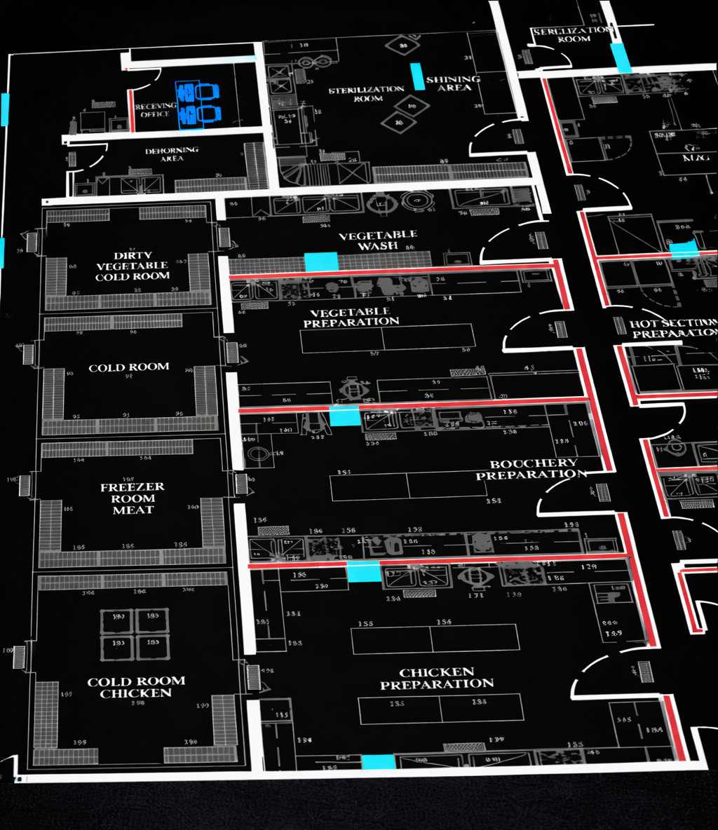 Architectural blueprint of a food processing facility layout with labeled rooms including cold storage, preparation, and processing areas, with colored lines indicating pathways.