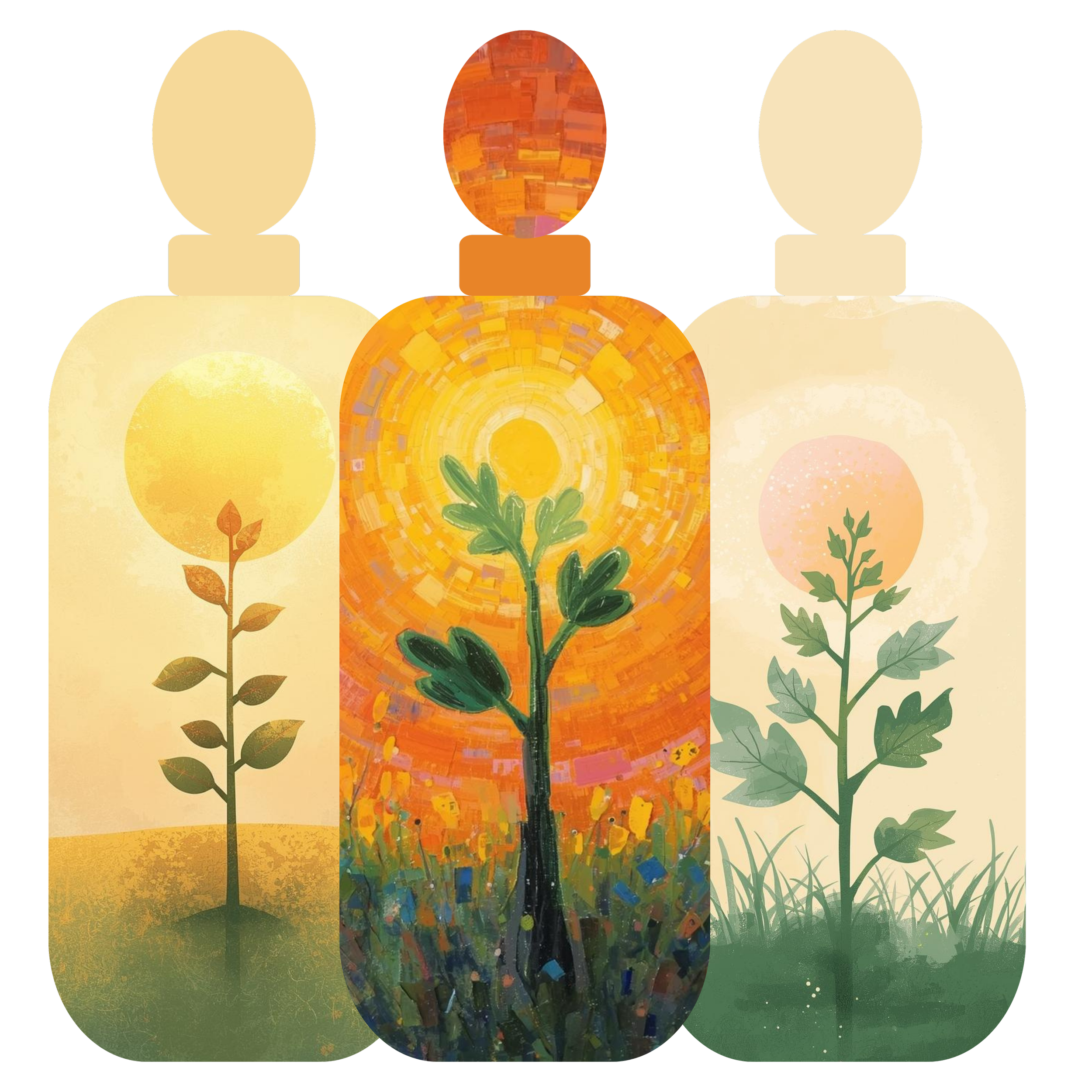 A digital illustration of three stylized plant leaves with different artistic styles and color schemes. The left leaf is pale yellow with a simple, textured design. The middle leaf resembles a sunflower with a circular, mosaic-like pattern of orange and yellow hues, and a green stem. The right leaf is green with a detailed leaf pattern. The background is black.