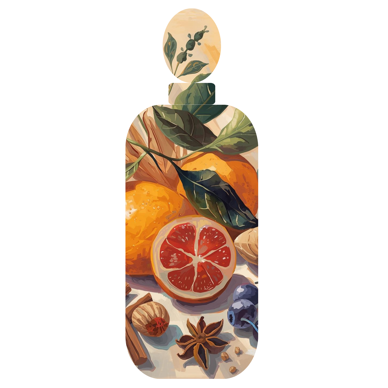 Arrangement of various citrus fruits, including grapefruits, oranges, and lemons, along with blueberries, star anise, cinnamon sticks, and other spices, on a flat surface.