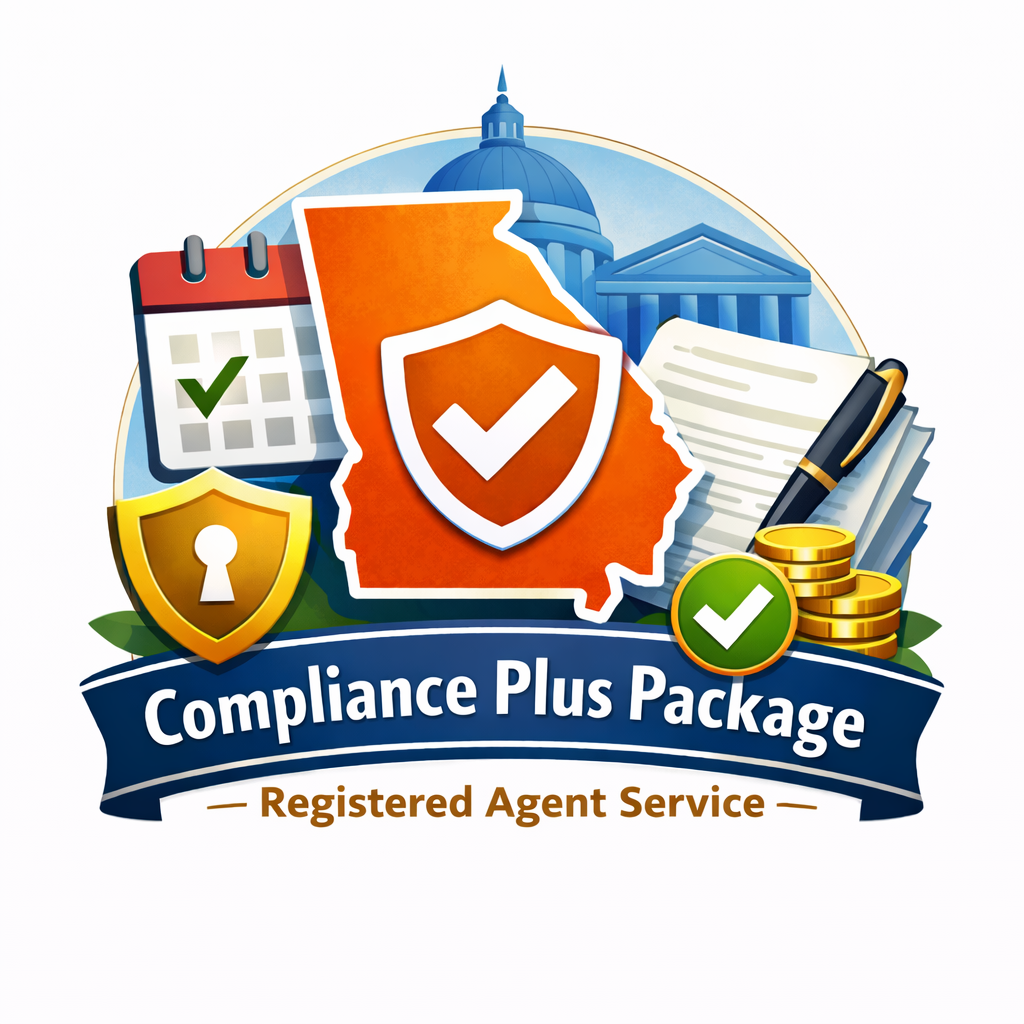 Graphic with icons representing compliance, protection, and legal documents, featuring a state outline, a cityscape, a calendar, a shield, a document with a pen, and stacks of coins, promoting a compliance plus package for registered agent services.