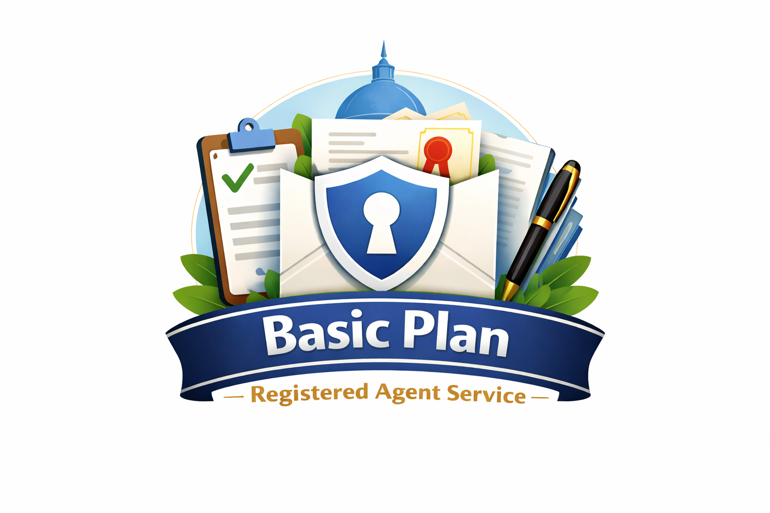 Logo for basic plan of registered agent service featuring a shield with a keyhole, documents, a pen, and checkmarks, with a banner reading 'Basic Plan' and text 'Registered Agent Service'.