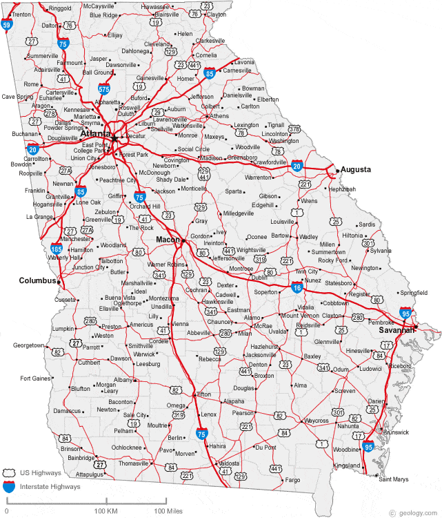 Map of Georgia showing major interstates I-75, I-20, I-85, and I-95 connecting cities including Atlanta, Savannah, Augusta, Macon, and Columbus, with train lines overlaid.