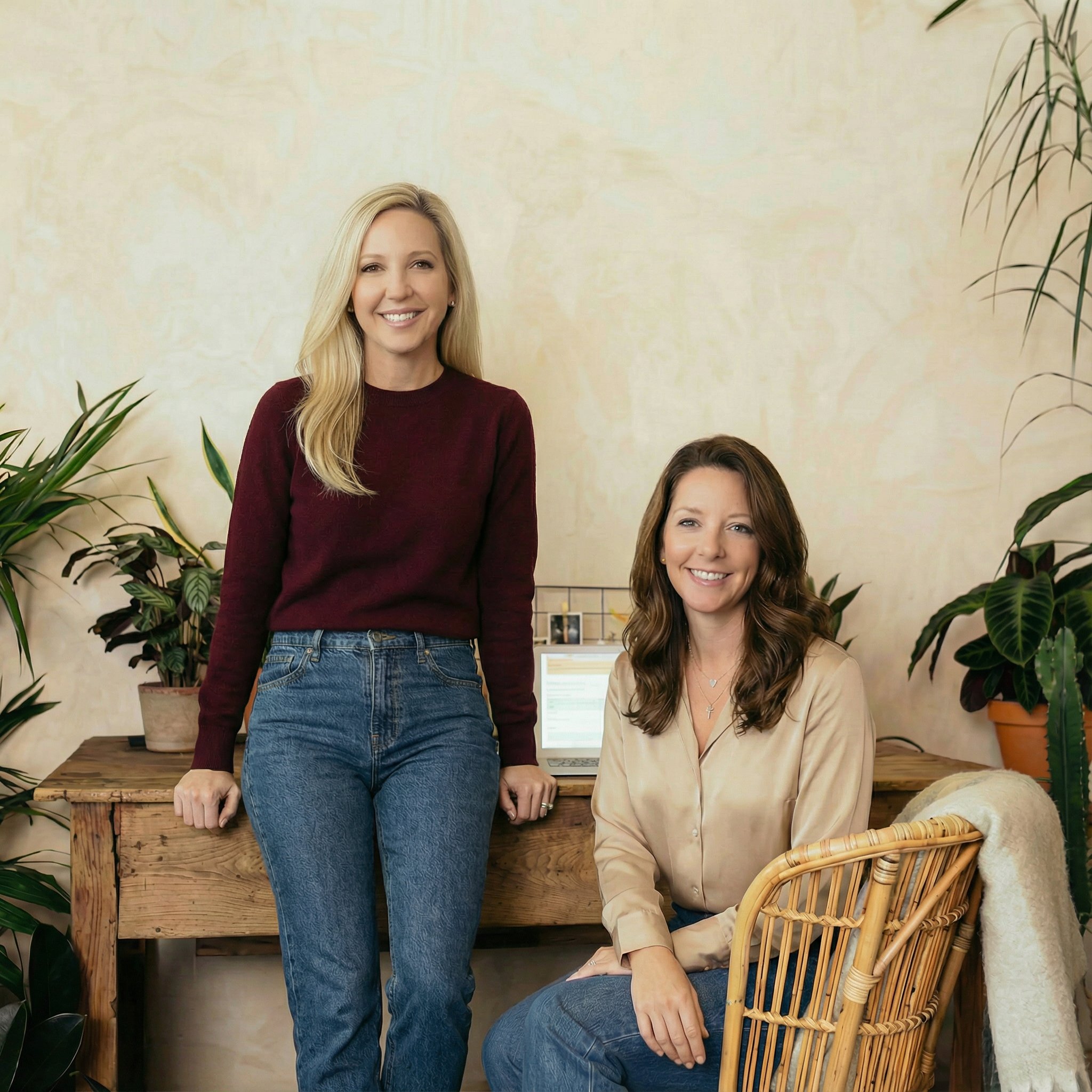 Two women in an office with plants and a wooden desk, one standing and one sitting, smiling at the camera.