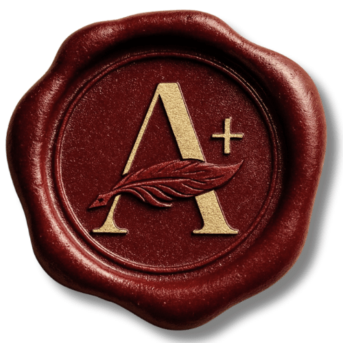 A red wax seal with a gold letter 'A', a plus sign, and a leaf design.