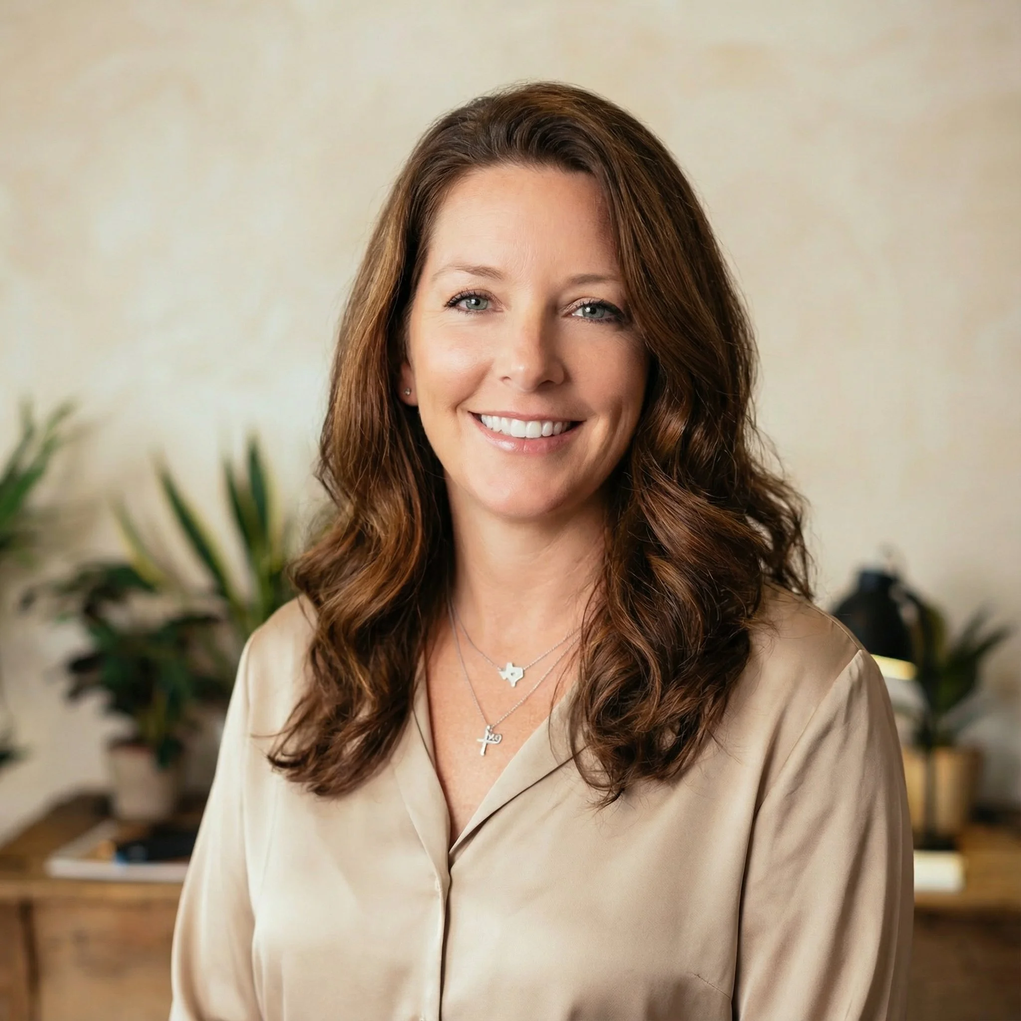 A woman with long brown curly hair smiling in front of a blurred background with plants.