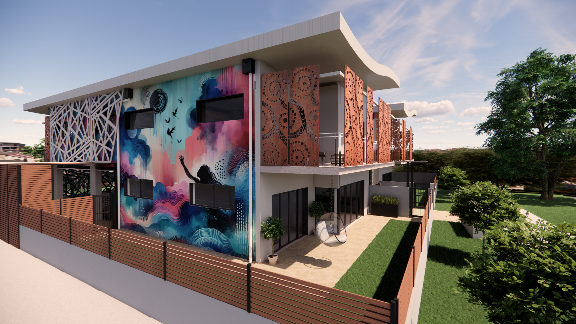 A bold mural connects the building to the local community, adding character and vibrancy, while balconies and outdoor spaces encourage residents to relax and enjoy the surroundings.
