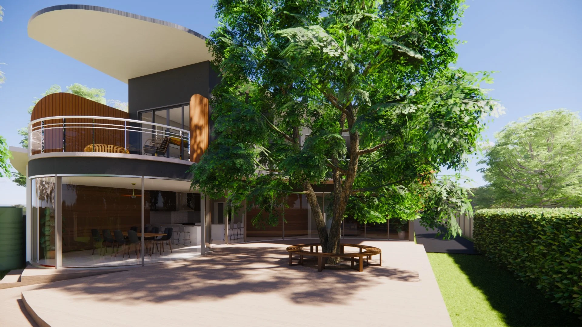 A two-storey family home in the hills, designed around the landscape, with a curved glass wall showcasing a retained feature tree. North-facing living areas bring in winter sun for a warm, light-filled living experience.