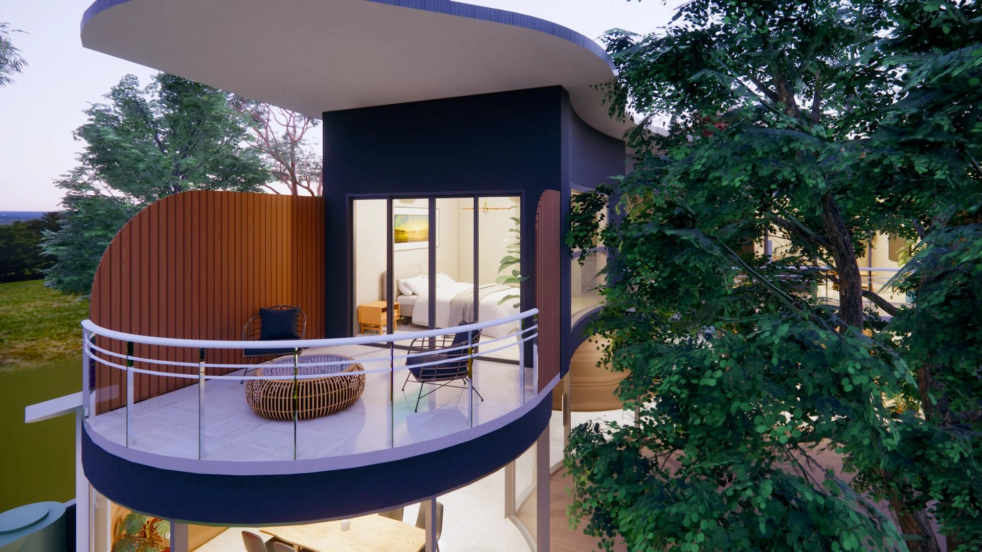 A quiet, curved balcony off the master suite, thoughtfully designed as a private retreat for relaxing and enjoying the surrounding nature.