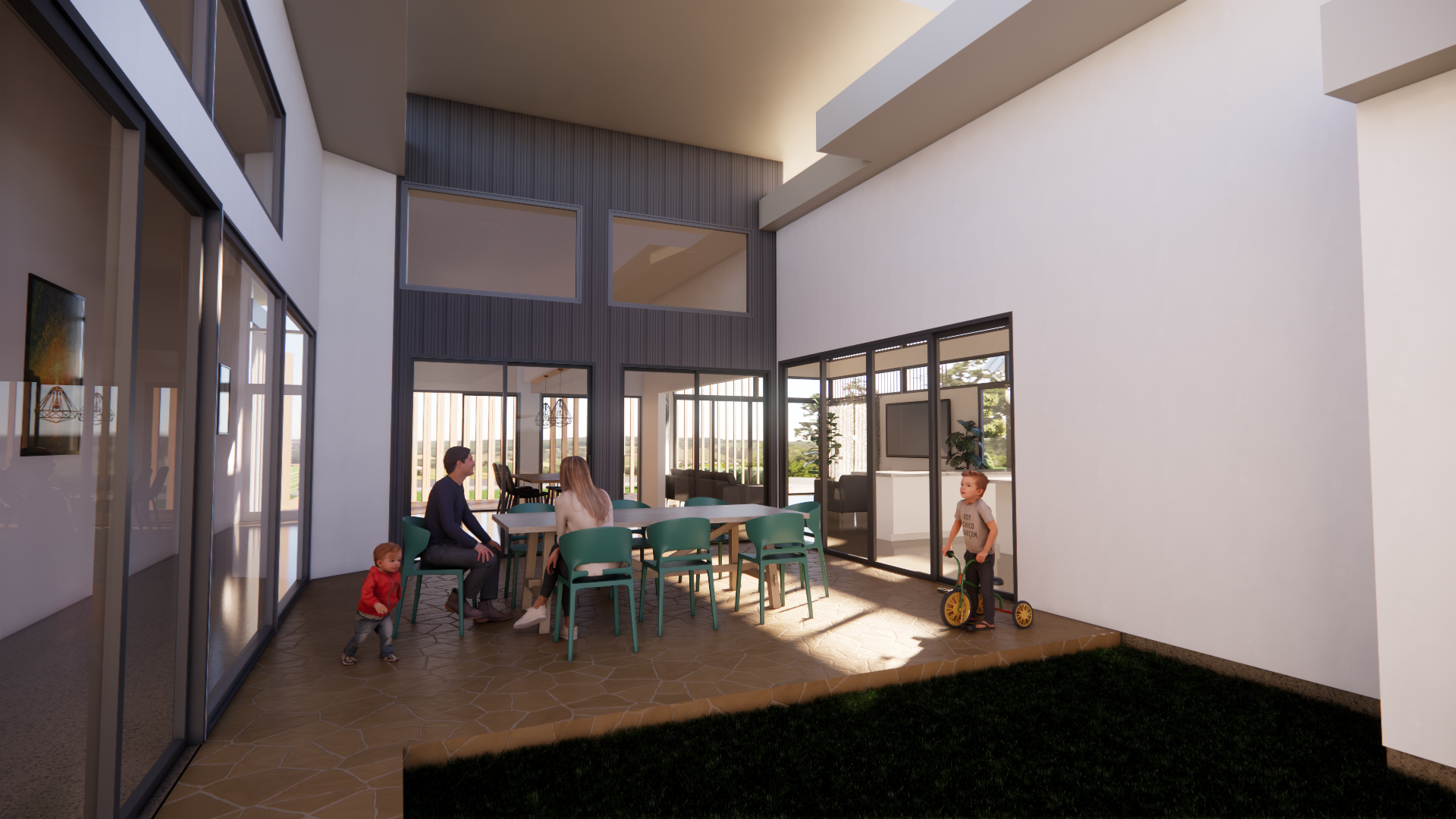 Shaded for summer, with paved dining, grassy play area, and sliding doors on three sides — seamlessly connecting indoor and outdoor living.