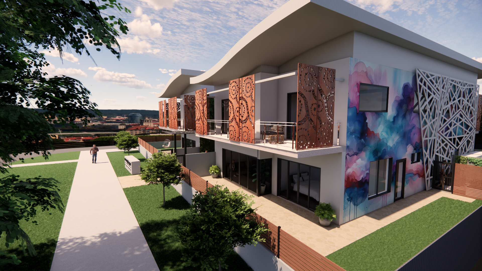 Art-inspired sun screens provide privacy and sun protection, while the curved wave-like roof captures the coastal vibe — creating a stylish, comfortable, and beachside living experience.