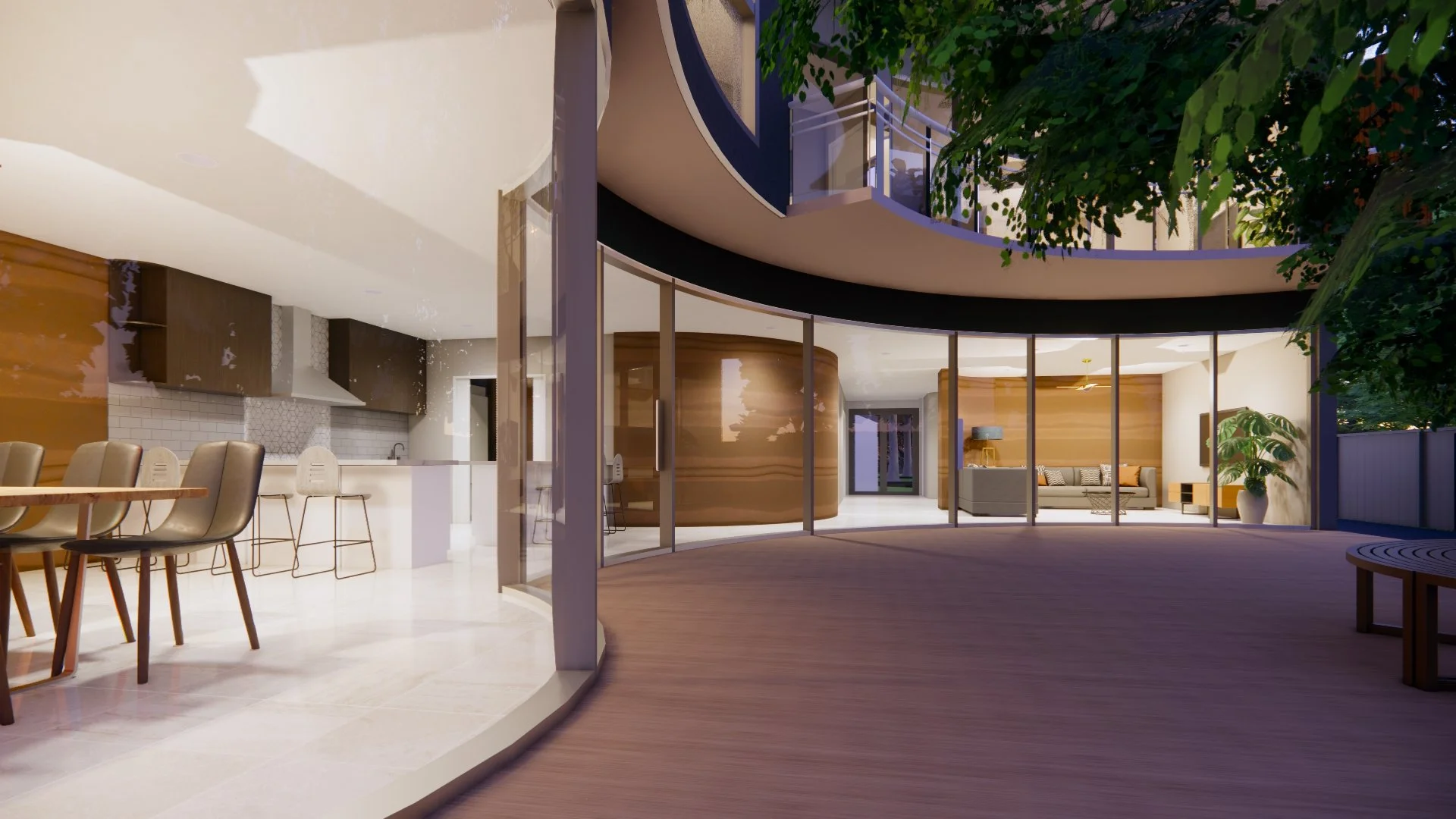 Open living spaces extend to a generous outdoor deck, with rammed earth feature walls helping regulate temperature. A seamless indoor-outdoor connection creates a comfortable, natural living environment.