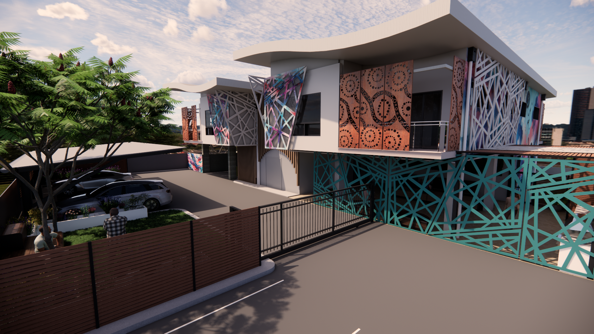 A secure, gated rear carpark featuring EV charging, lock-up bike storage, and a shared garden for residents.