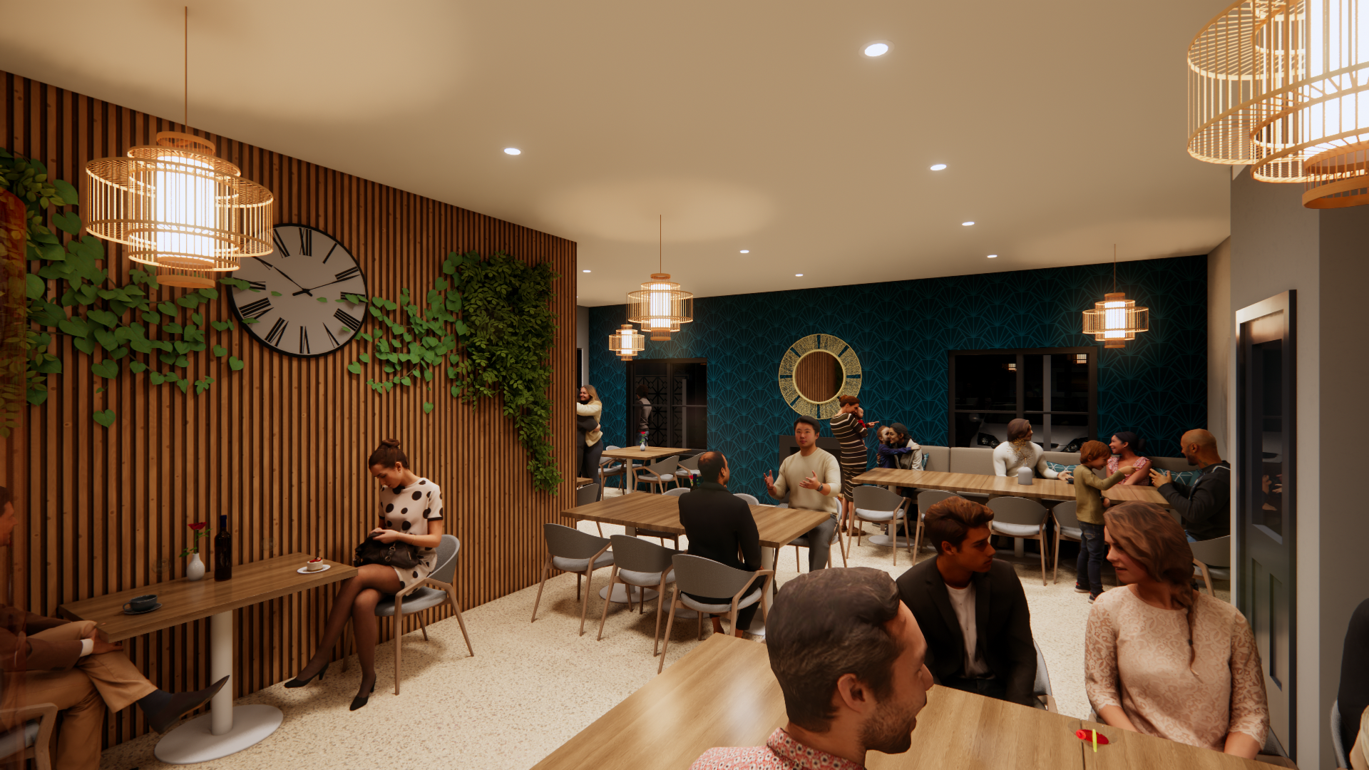 A cozy restaurant interior with wooden wall decor, green plants, wall clocks, warm lighting, and groups of people dining and socializing.