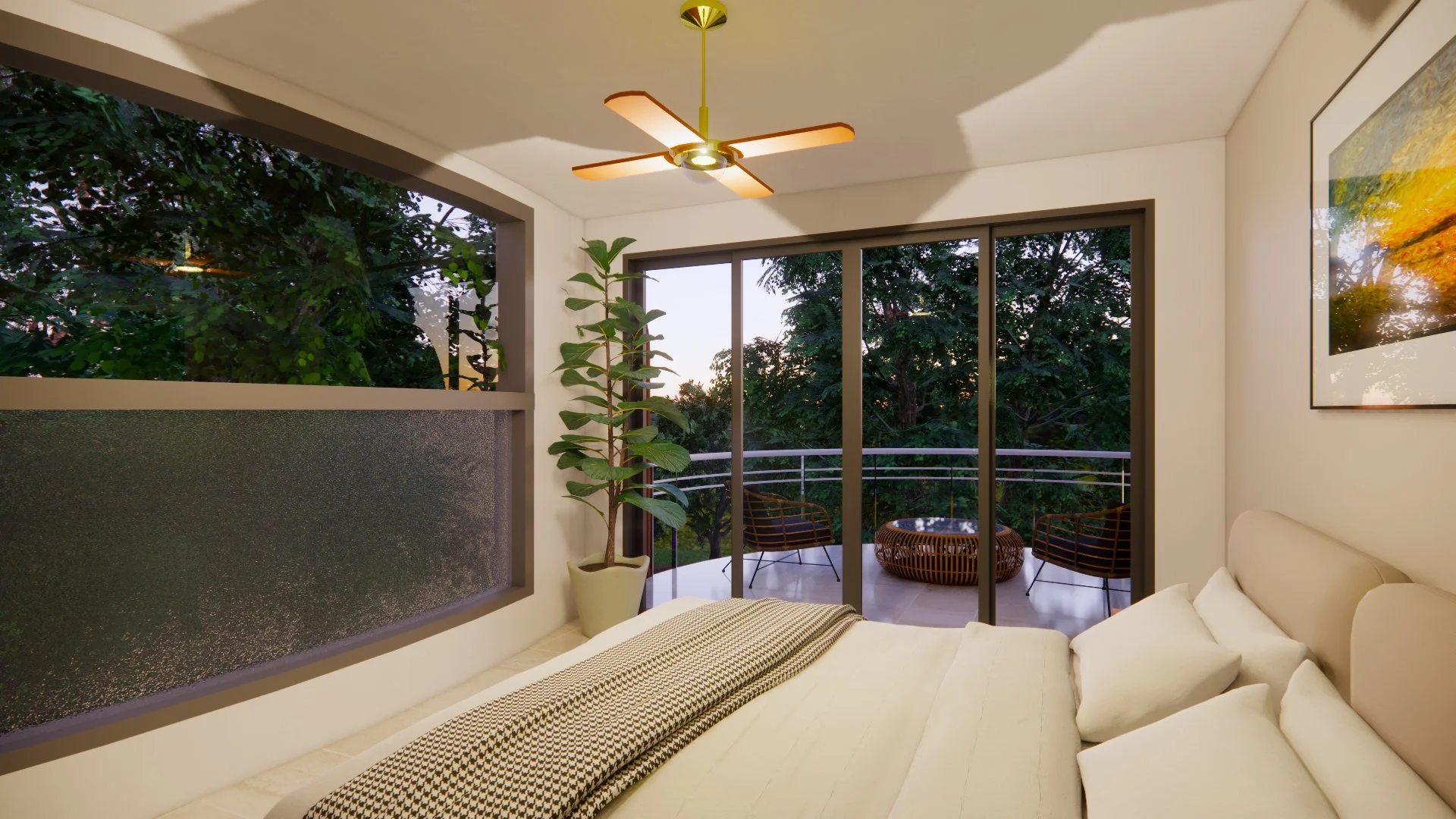 An airy, light-filled master bedroom designed to feel immersed in the treetops, with double sliding doors opening directly onto the balcony.