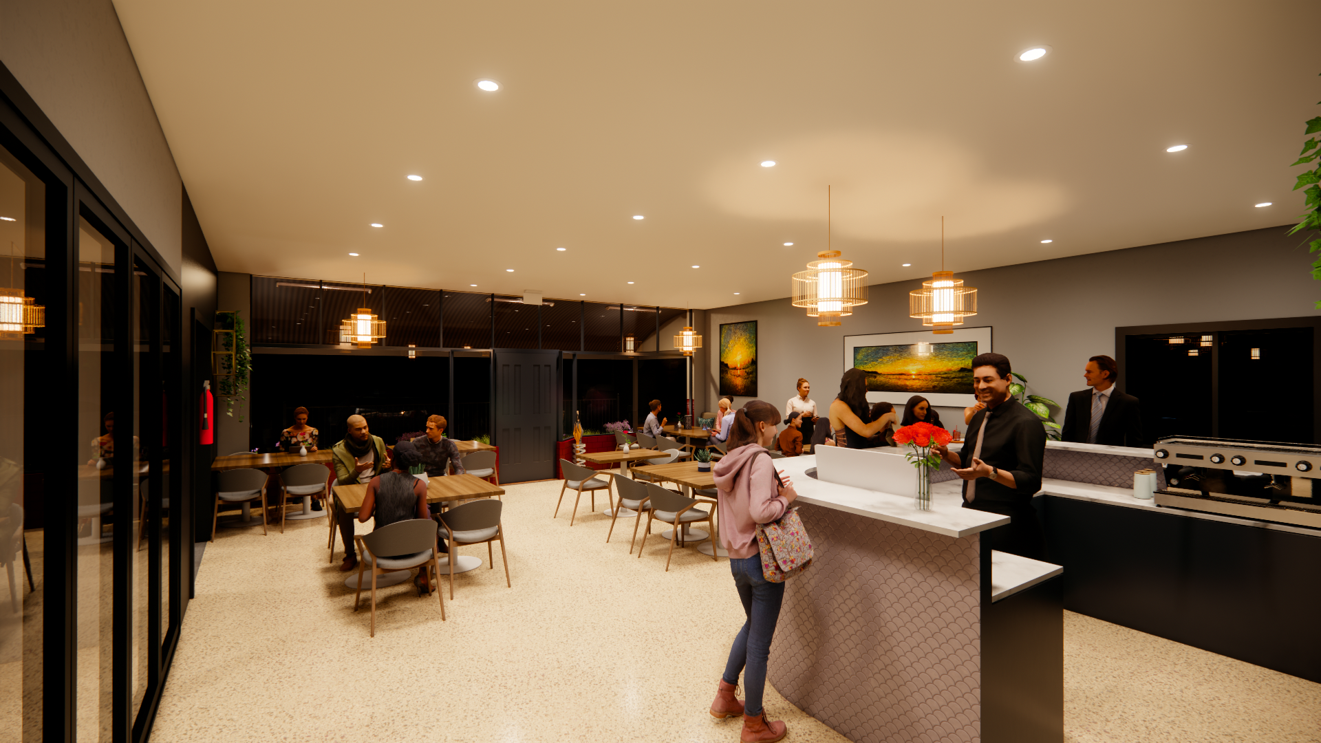 A busy modern restaurant or café interior with several groups of people seated at tables, interacting and enjoying their meals. The space features warm lighting, artwork on the walls, and a polished counter where a woman orders from a staff member. T