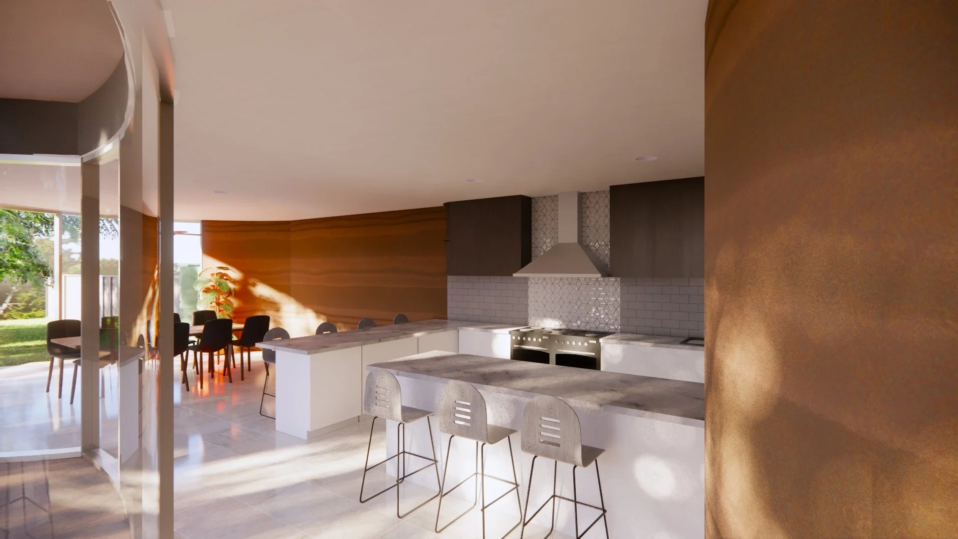 Kitchen featuring rammed earth walls that naturally regulate temperature, combined with bushfire-conscious design for comfort and resilience.