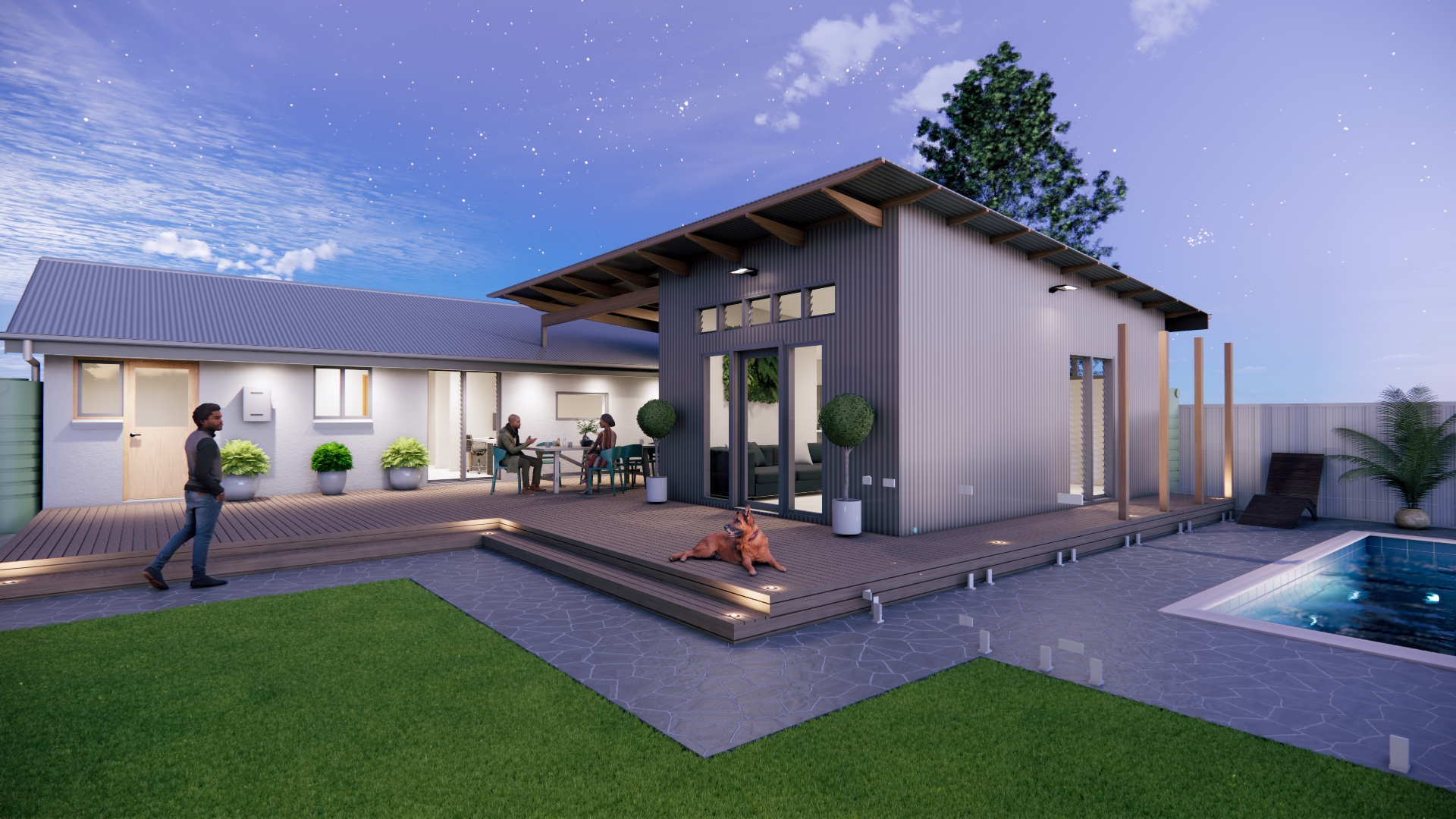 A modern backyard with a deck, a swimming pool, and a small building. There are two people sitting at a table and a man walking nearby. A dog is lying on the deck. The sky is starry with some clouds.