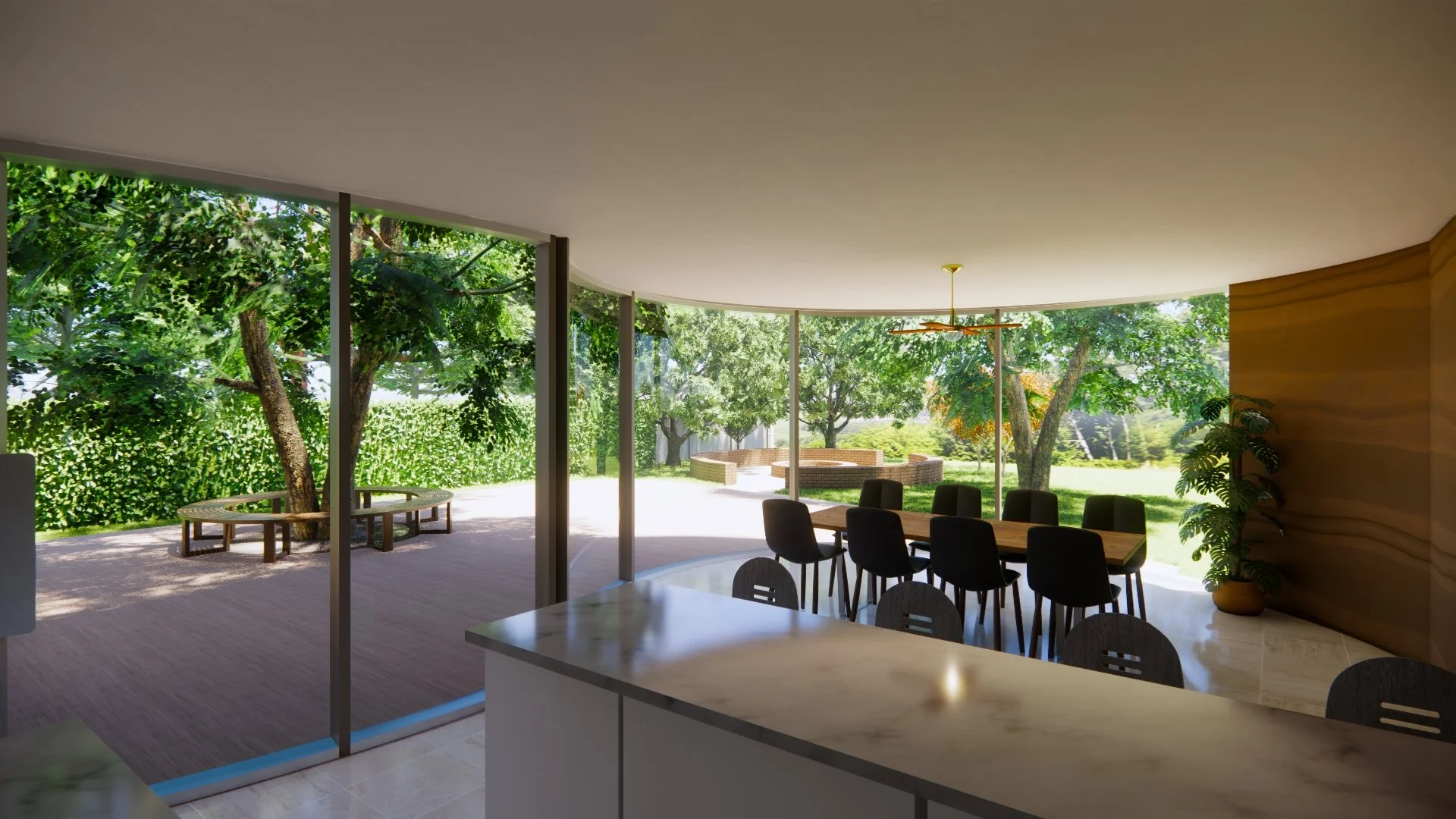 Kitchen and dining come together in a light-filled space that opens out to the landscape, designed to capture winter sun while staying protected in summer.