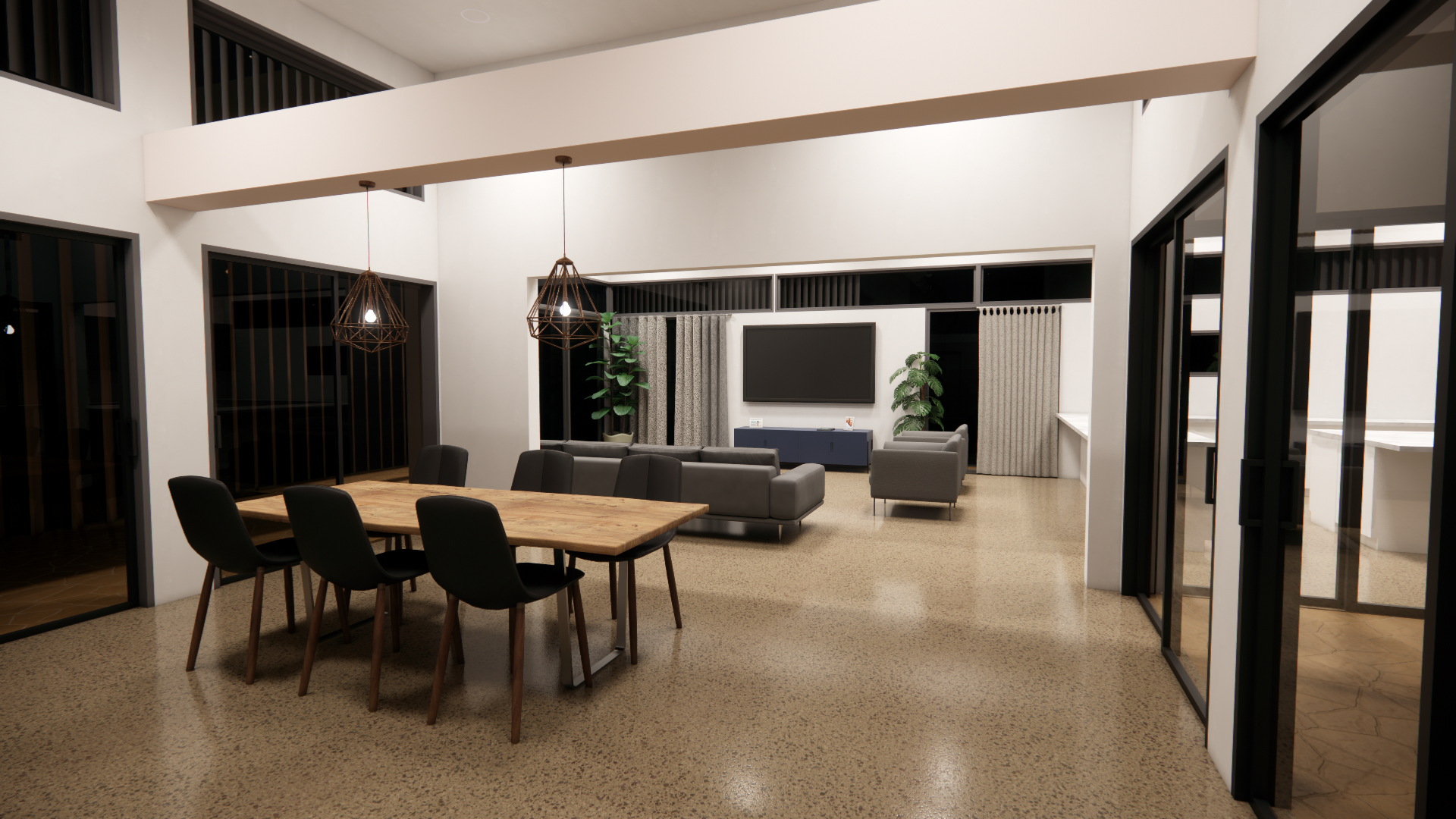 Wheelchair-accessible, with extra-high ceilings and creative use of shipping containers, seamlessly connecting indoor spaces to the courtyard. Large openings maintain beach views, creating a flexible, comfortable, and light-filled home.