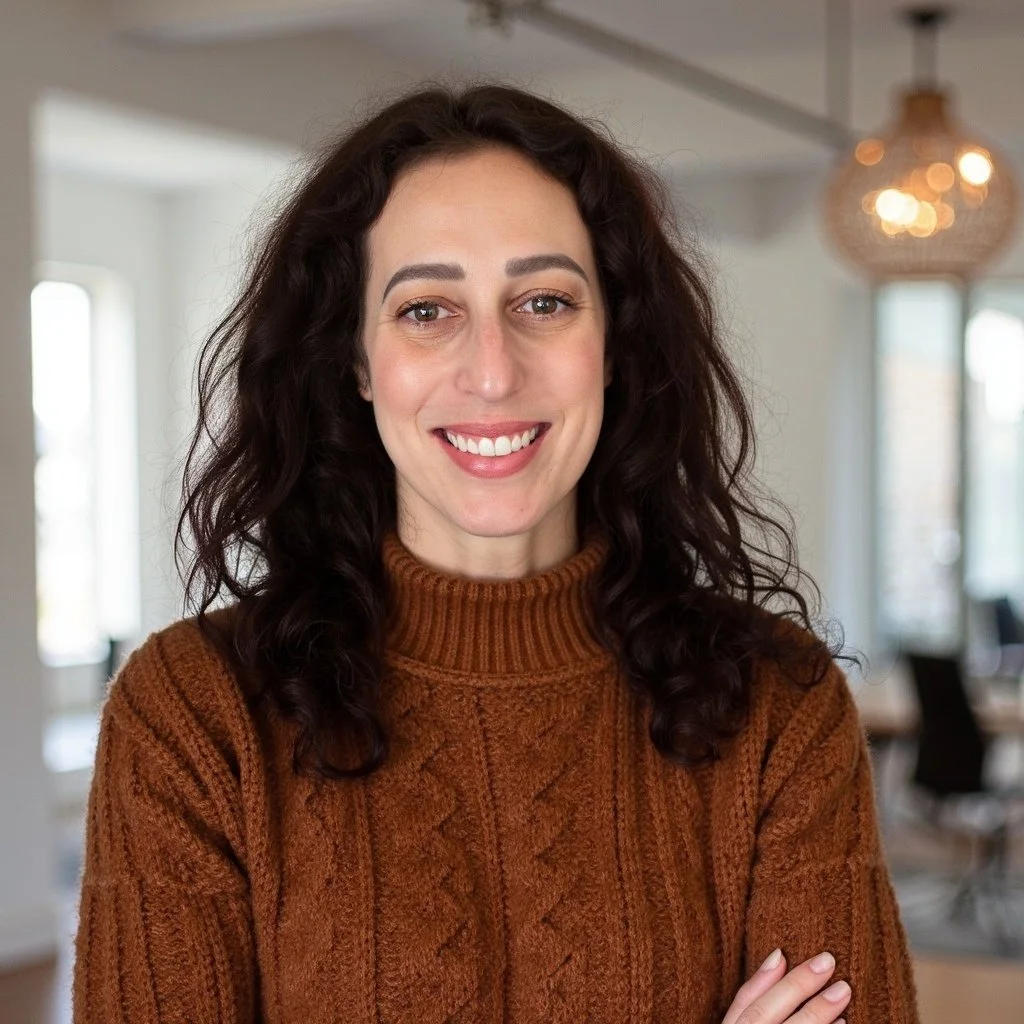 A woman with curly dark hair and light skin, smiling, wearing a brown cable-knit sweater, standing in a bright indoor space with large windows and a modern light fixture in the background.