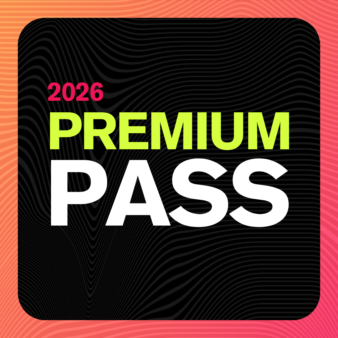 2026 Premium Pass badge with black background and neon pink, yellow, and white text, featuring a wavy line pattern and colorful border.