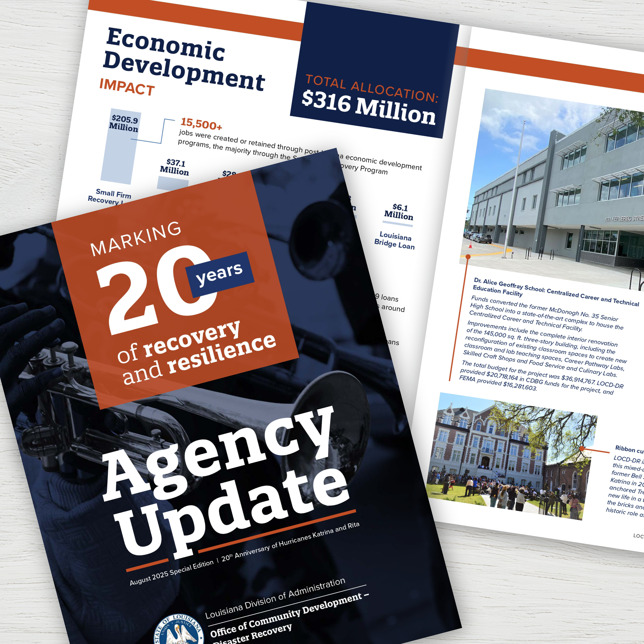 Cover of a government agency newsletter titled 'Agency Update,' celebrating 20 years of recovery and resilience, with background images of a building, a school, and a historic site.