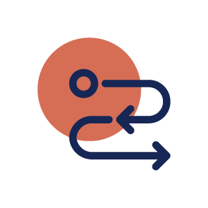 Diagram showing a process flow with a red circle and two blue arrows indicating steps or directions.