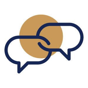 Two overlapping speech bubbles connected by a chain link icon, with a gold circle in the background.