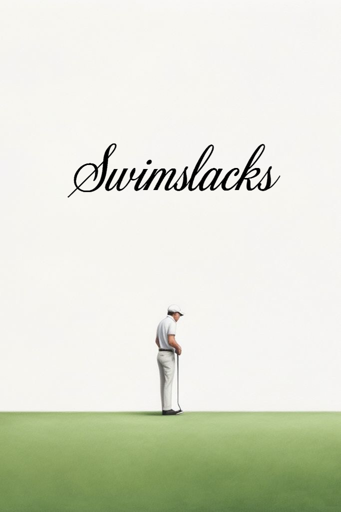 A man dressed in golf attire is standing on a golf green, looking down at the ground, with the word "Swimslacks" written above in elegant black cursive font.