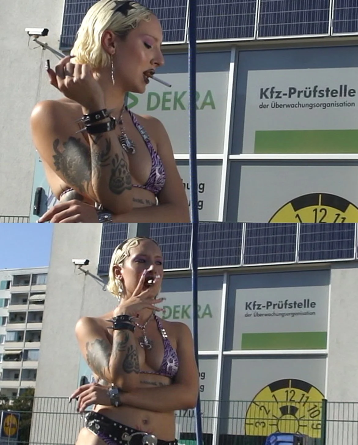 A young woman with tattoos, short blonde hair, and in a purple animal print top and black accessories, standing outdoors in front of a building with solar panels and signs, striking different poses.