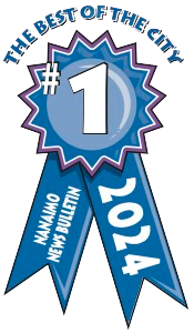 A blue ribbon award with the text 'Number 1' in the center, surrounded by a starburst design, and the words 'The Best of the City' at the top, and 'Nanaimo New Building' and '2024' on the ribbons.