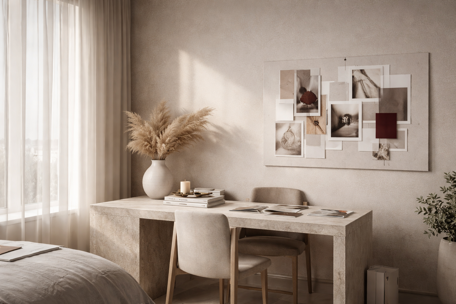 A bedroom corner with a marble desk, beige chairs, a white vase with pampas grass, a candle, and books. The window has sheer curtains, and a photo collage on a cork board decorates the wall.