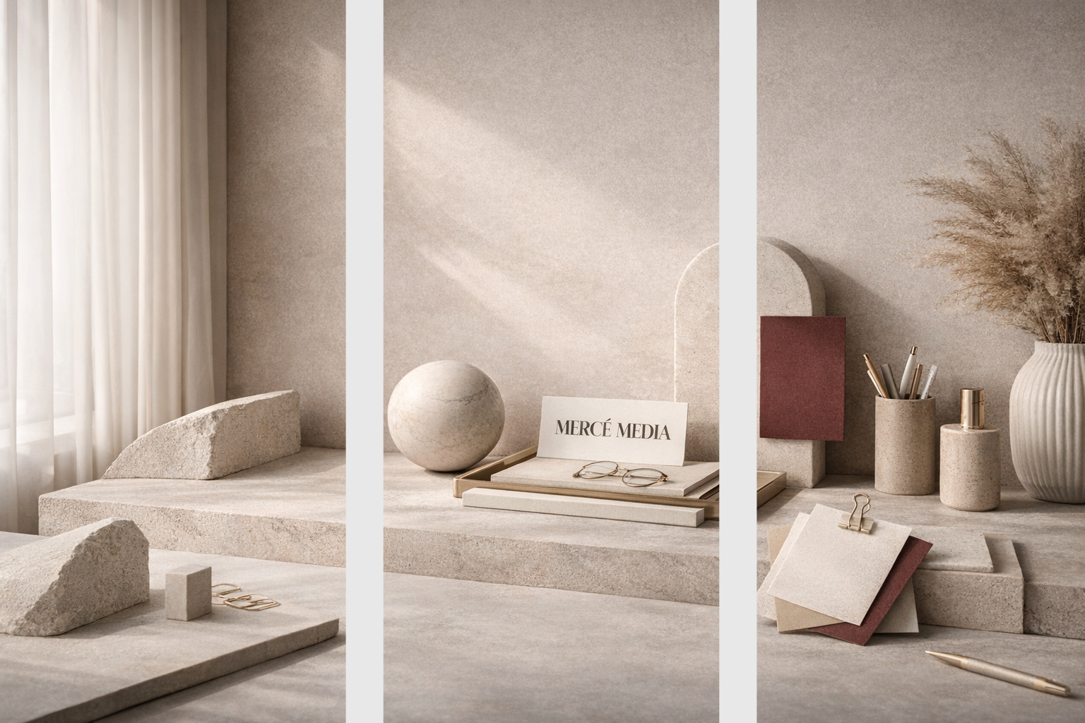 Minimalist workspace with beige tones, textured sculptures, a desk with books, glasses, and a sign reading 'MERCE MEDIA'.