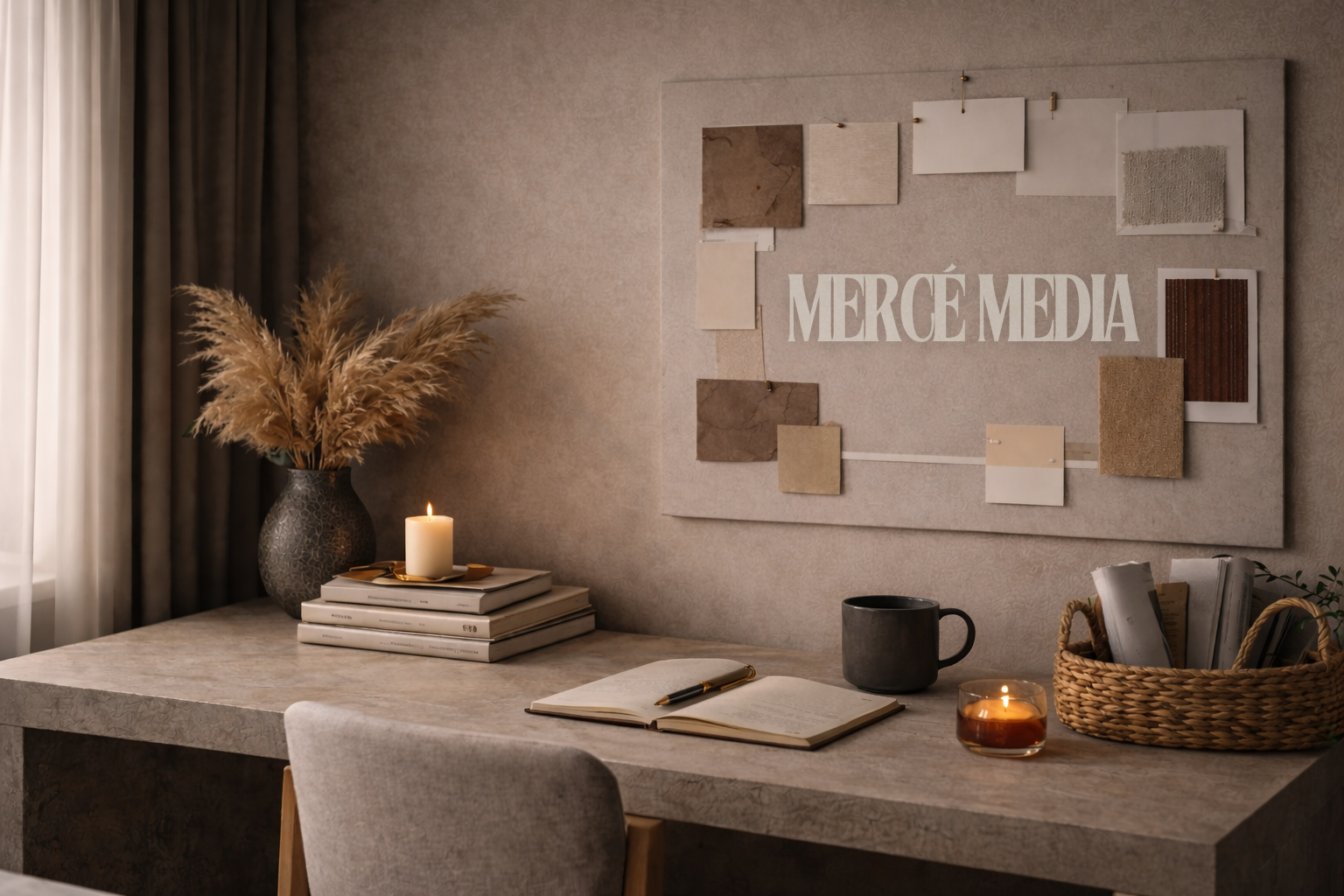 A desk with a vase of dried pampas grass, a lit candle, a stack of books, an open notebook with a pen, a dark mug, and a basket of rolled-up papers. Behind the desk is a bulletin board with fabric and paper samples, and in the background, beige curtains cover a window.