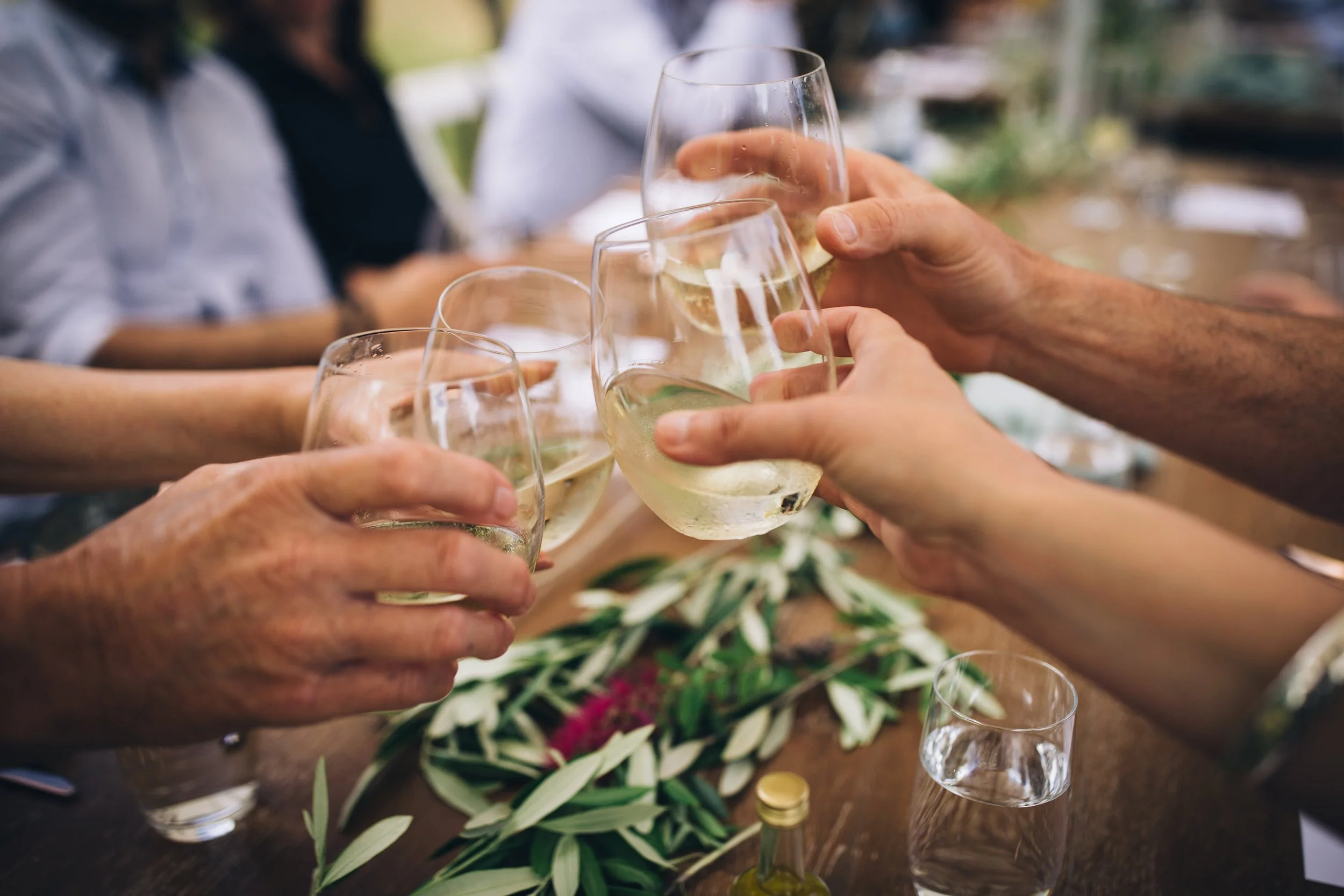 People clinking wine glasses filled with white wine in a toast during a celebration or gathering.