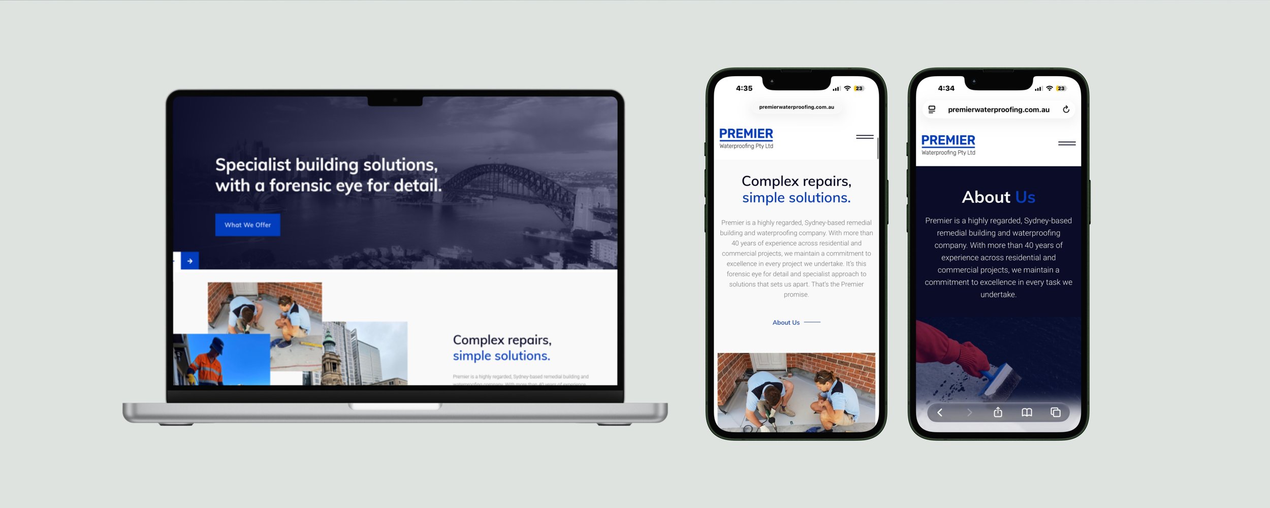 Laptop and two smartphones displaying a waterproofing company's website, with images of repair workers and text about solutions and experience.