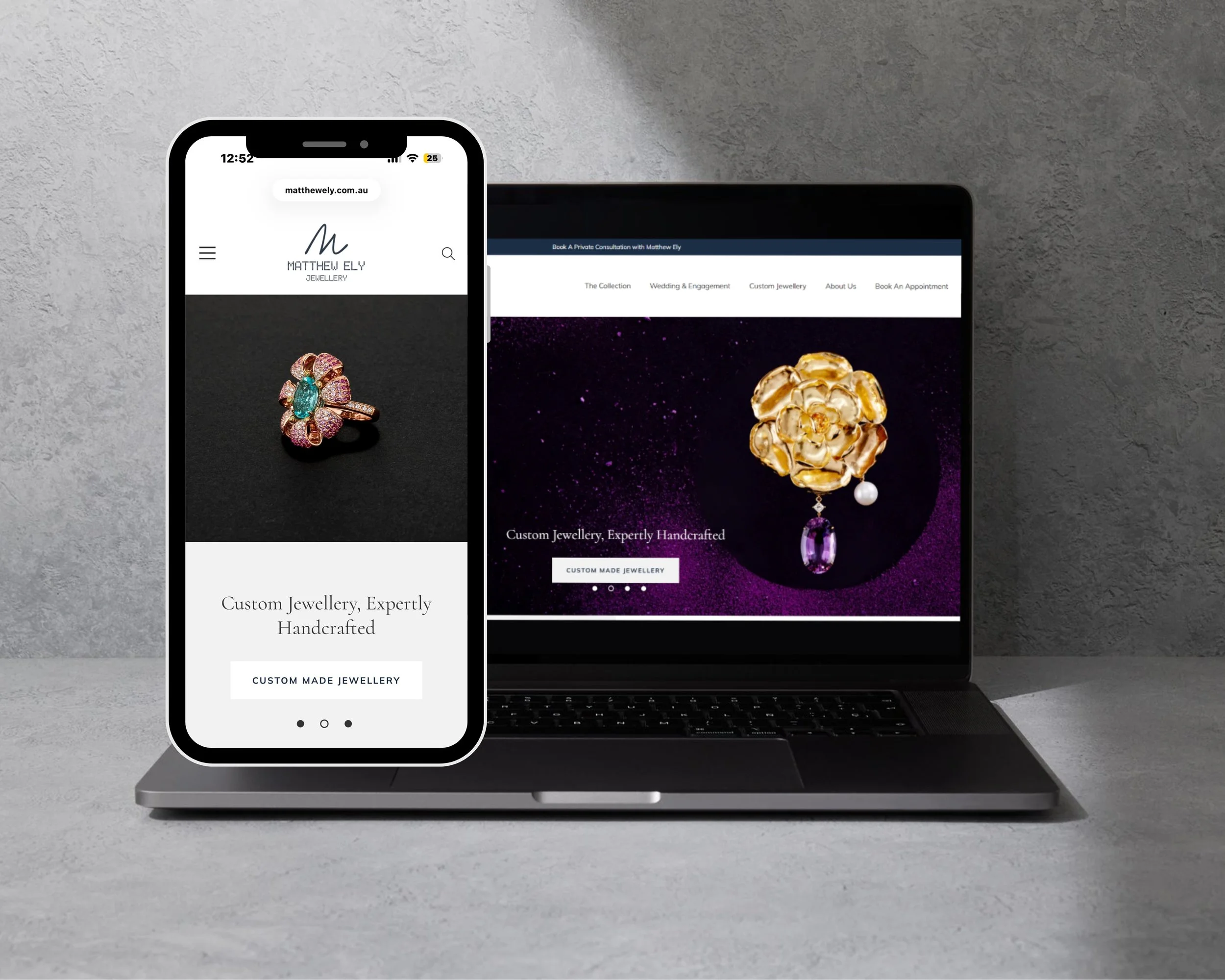 A smartphone and a laptop displaying a jewelry website with images of rings and necklaces.