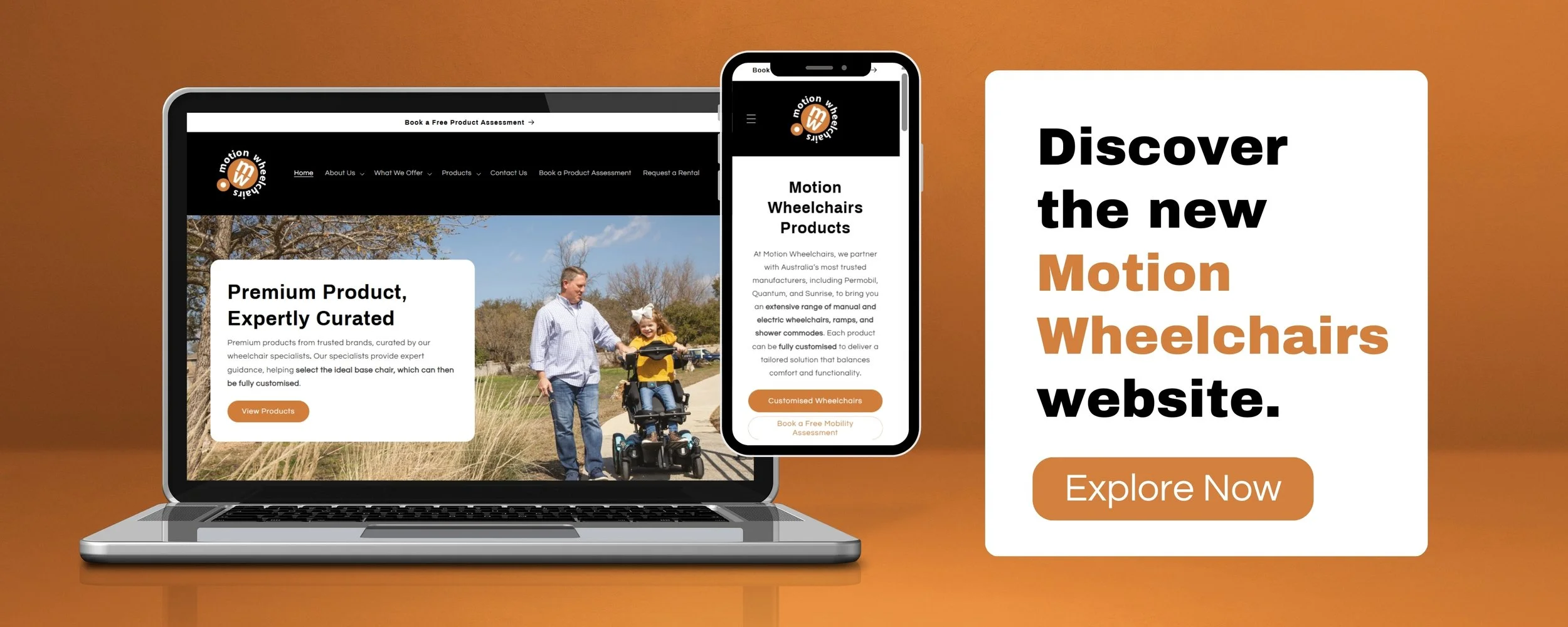 Graphic showcasing a website on a laptop and smartphone for Motion Wheelchairs with an outdoor scene of a man and a girl with a wheelchair on the laptop screen. Text on the right promotes discovering Motion Wheelchairs.