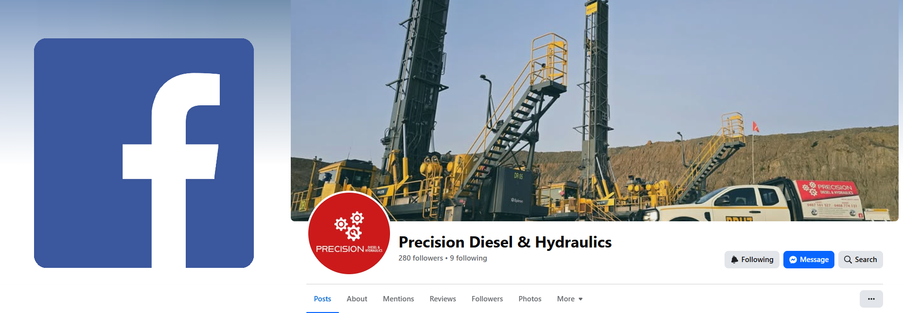 Facebook profile cover photo showcasing industrial hydraulic equipment and machinery, with the company's logo and name, Precision Diesel & Hydraulics.