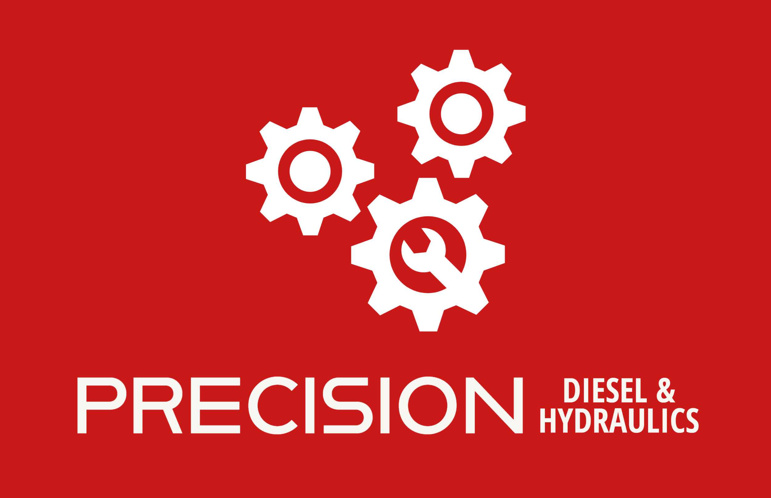 Graphic with a red background featuring three white gear icons with tools inside, and the words 'PRECISION DIESEL & HYDRAULICS' in white text.